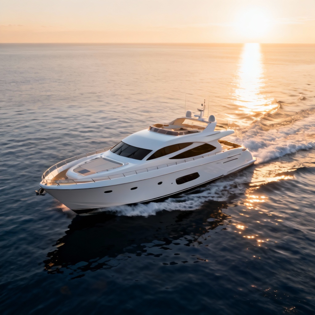 AI photorealistic white yacht at sunset
