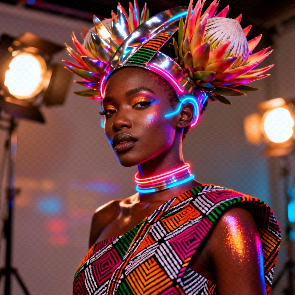 AI Afrofuturism portrait with protea and shweshwe