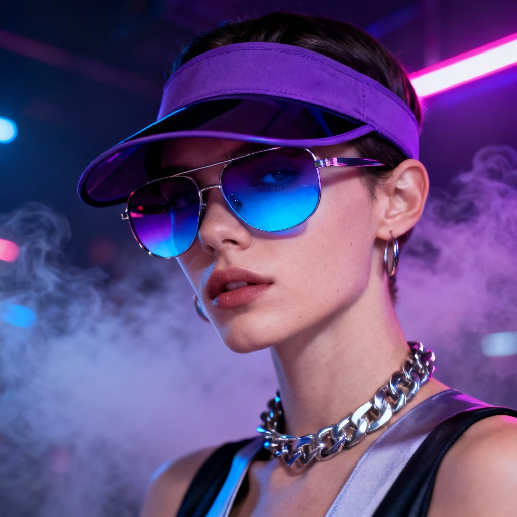 Gradient visor sunglasses with neon club lighting