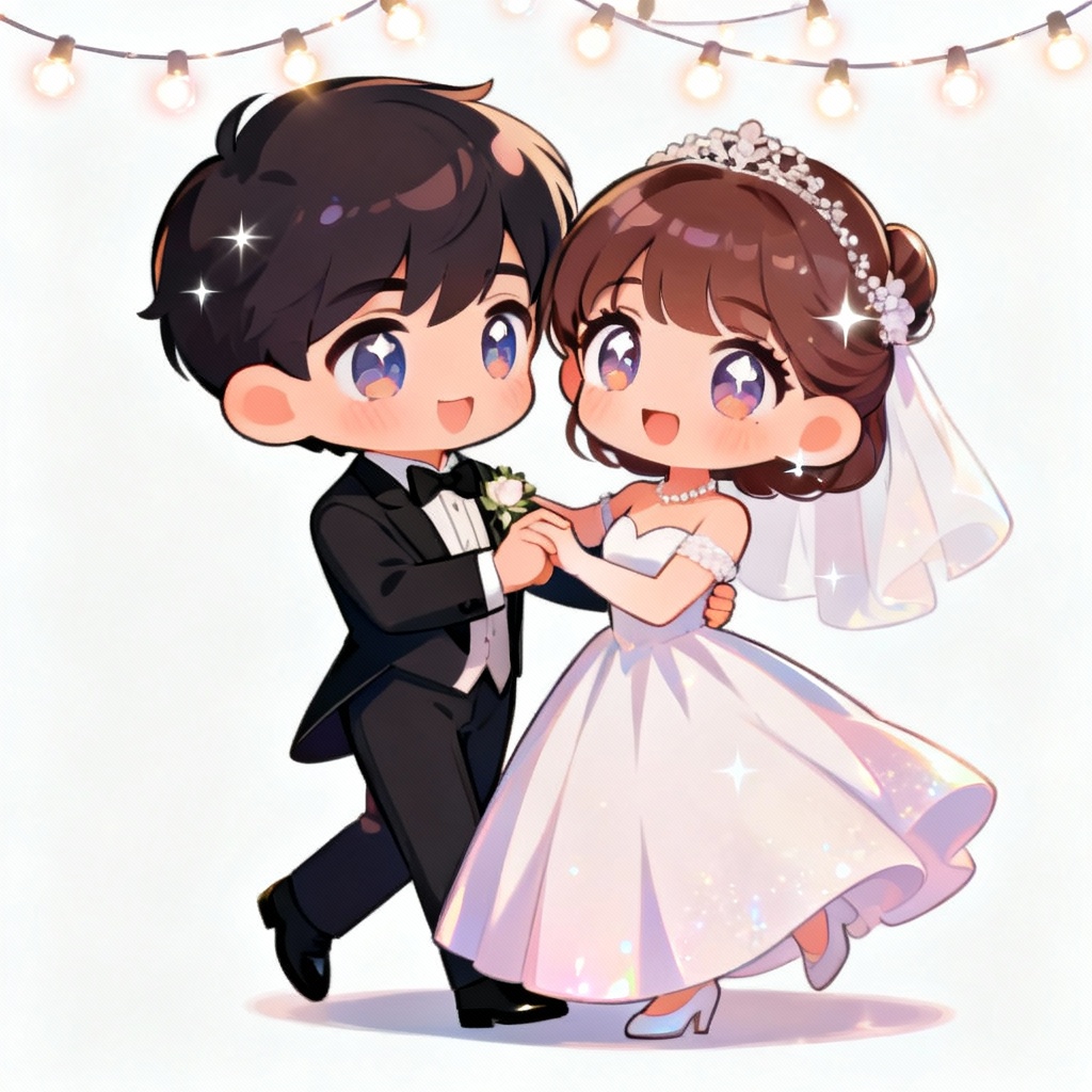 Chibi wedding cartoon of bride and groom first dance