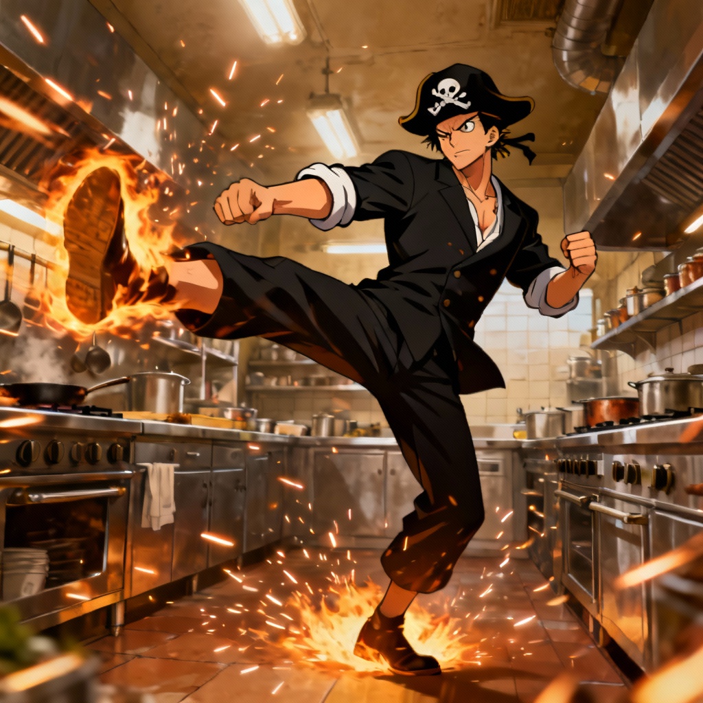 Chef fighter launching flaming kick