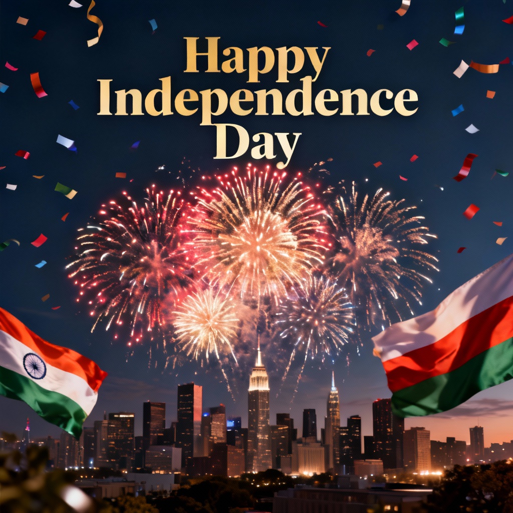 AI Independence Day fireworks poster with national flag and bold headline