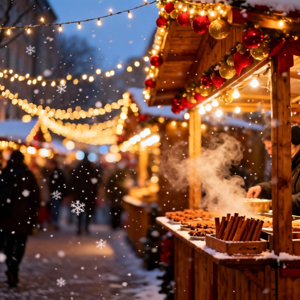 Holiday market scene with falling snow effect