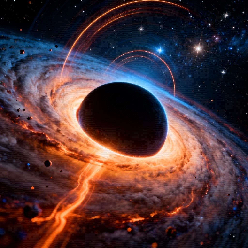 AI black hole with glowing accretion disk and lensing effects