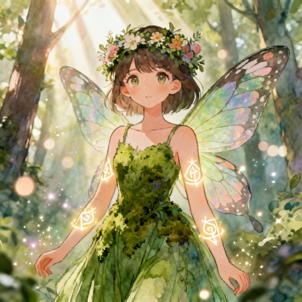 AI forest magical girl with floral crown and butterfly wings