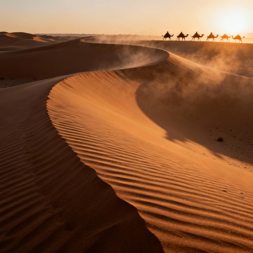 Photoreal golden sand dunes at sunrise with camel silhouettes