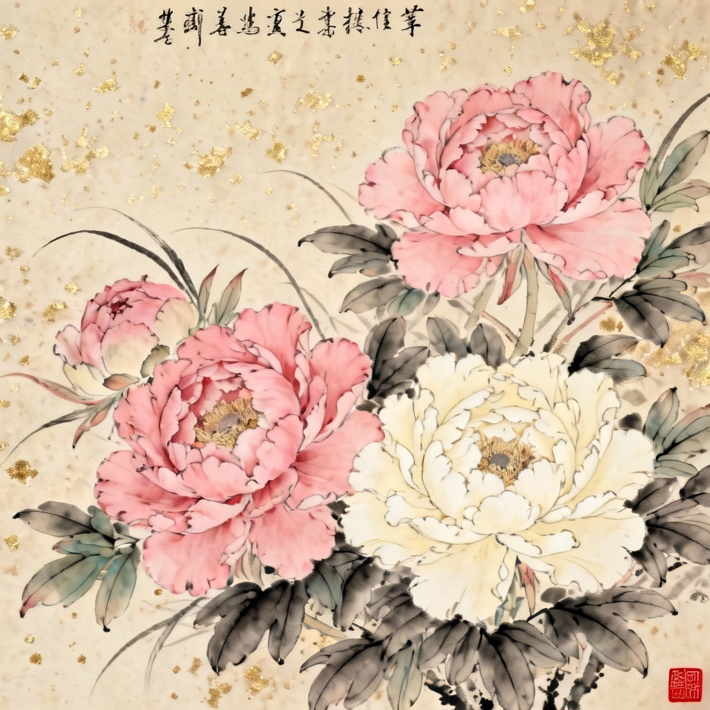 AI peony scroll in classic gongbi floral style