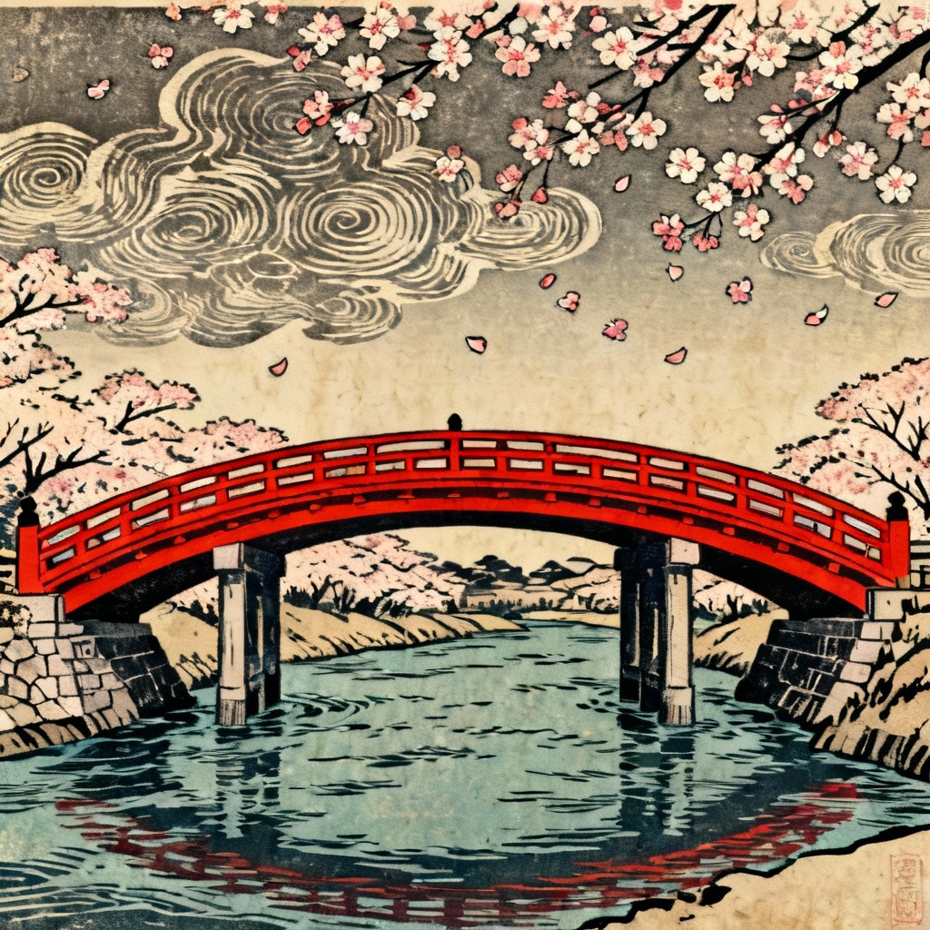 AI ukiyo-e style sakura over river with bridge