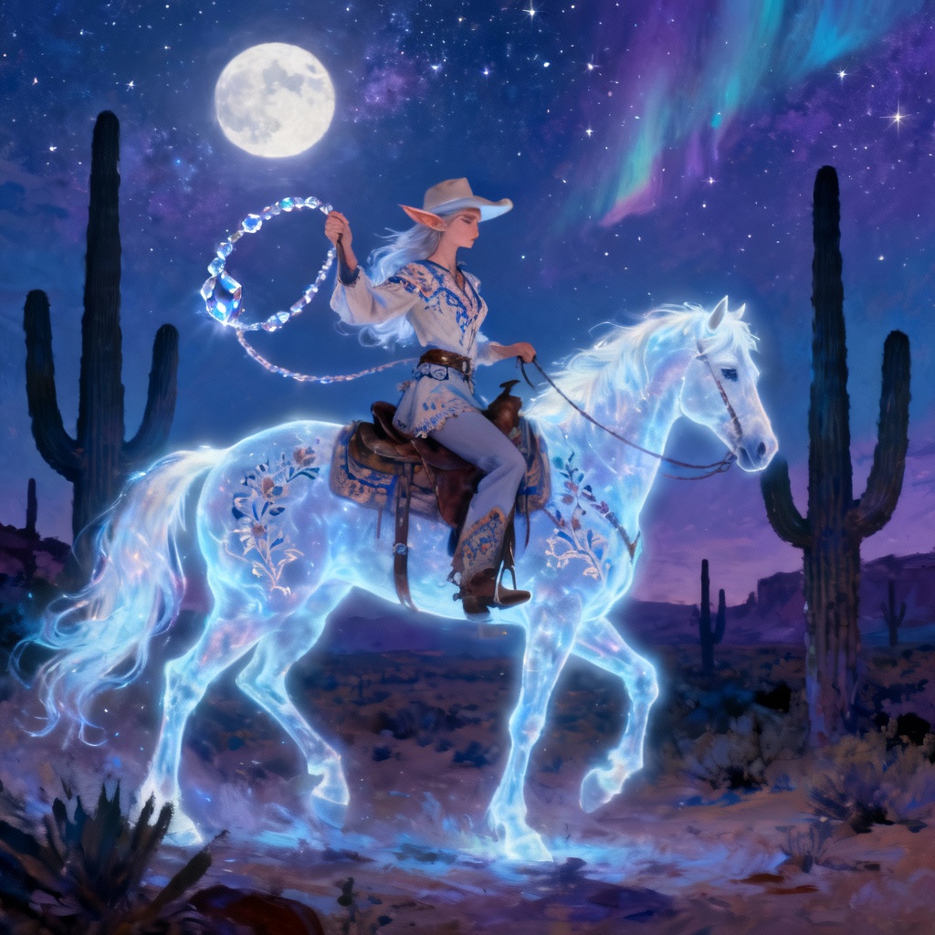 AI elven cowgirl riding a spectral mustang under starry desert sky