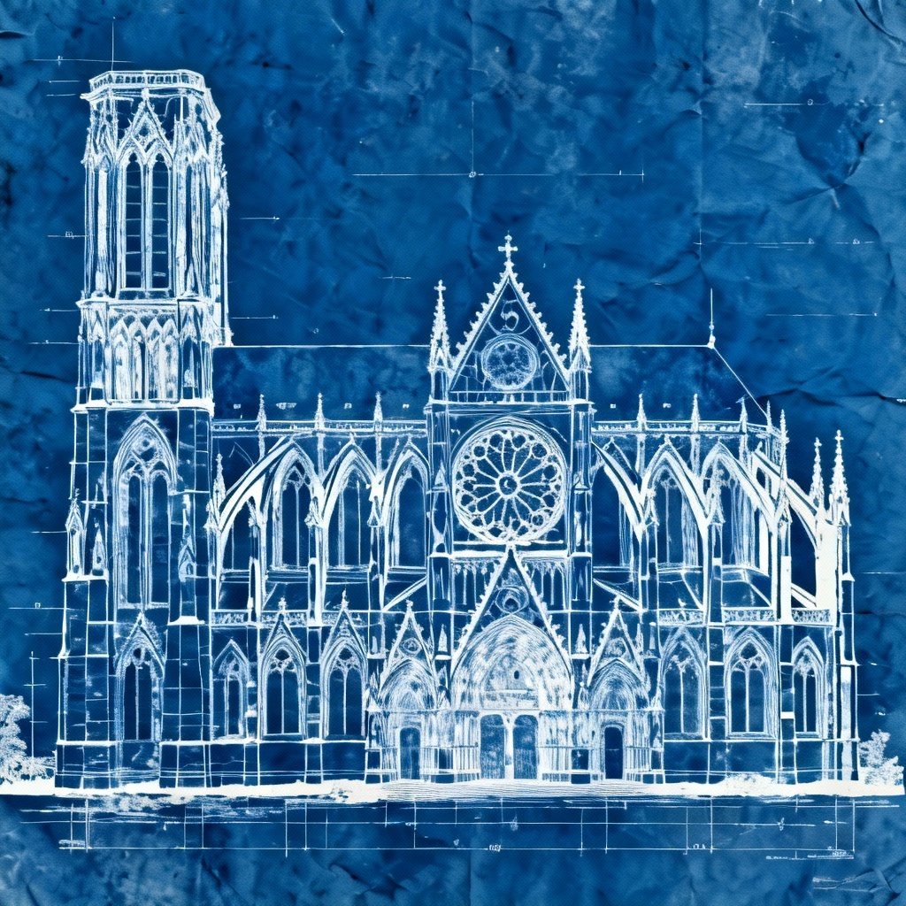 AI cyanotype Gothic Revival cathedral blueprint