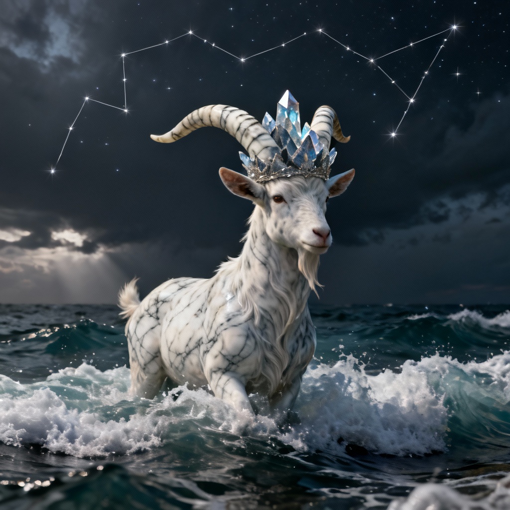 Cinematic Capricorn sea-goat on cliffs with star trails