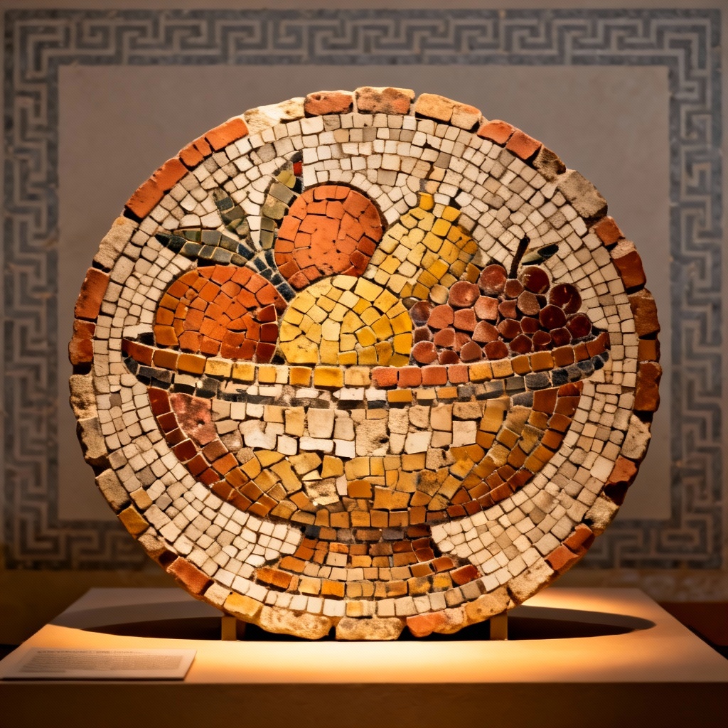 Roman-style stone tesserae mosaic still life