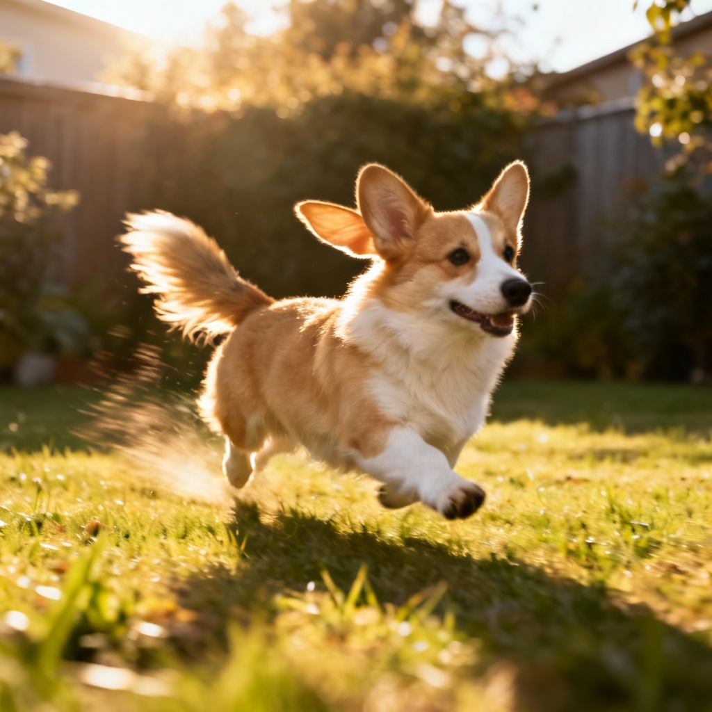 AI corgi running with zoomies in a backyard