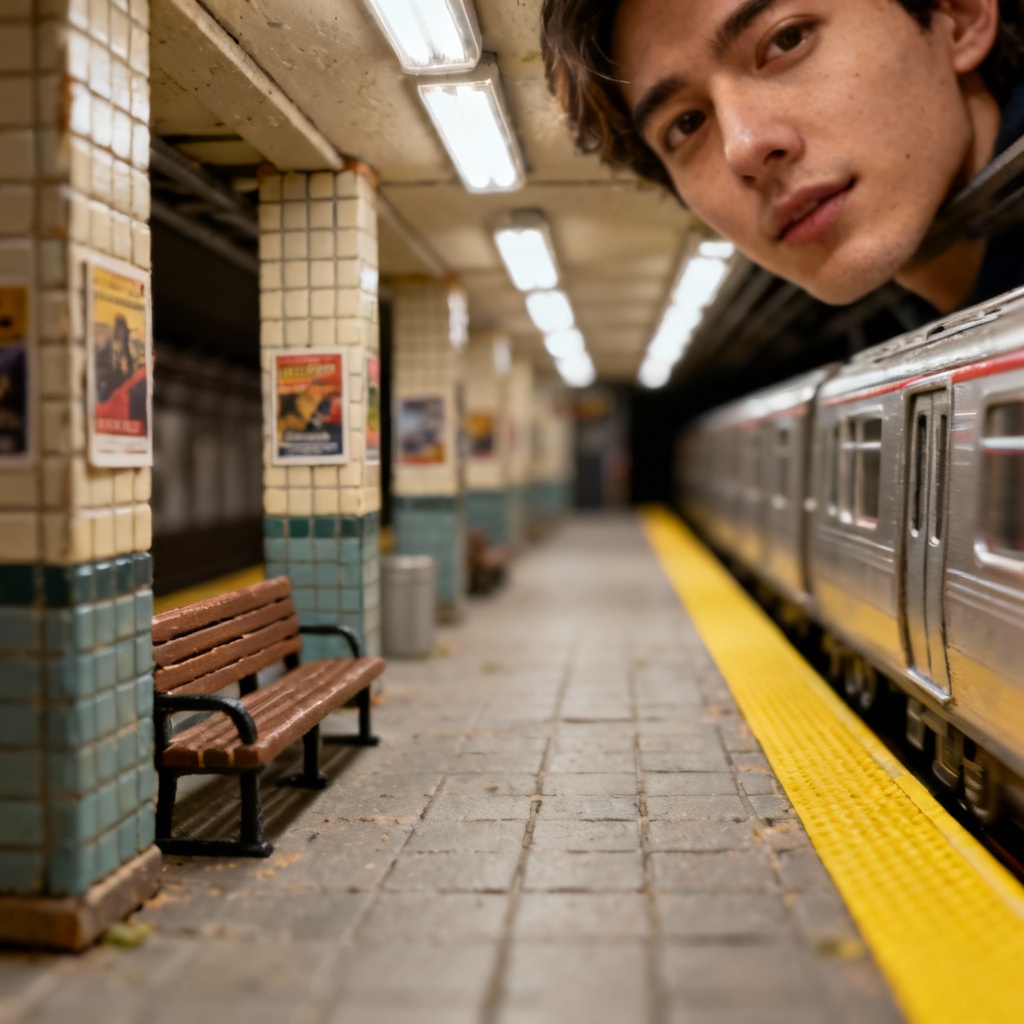 AI miniature subway platform diorama selfie