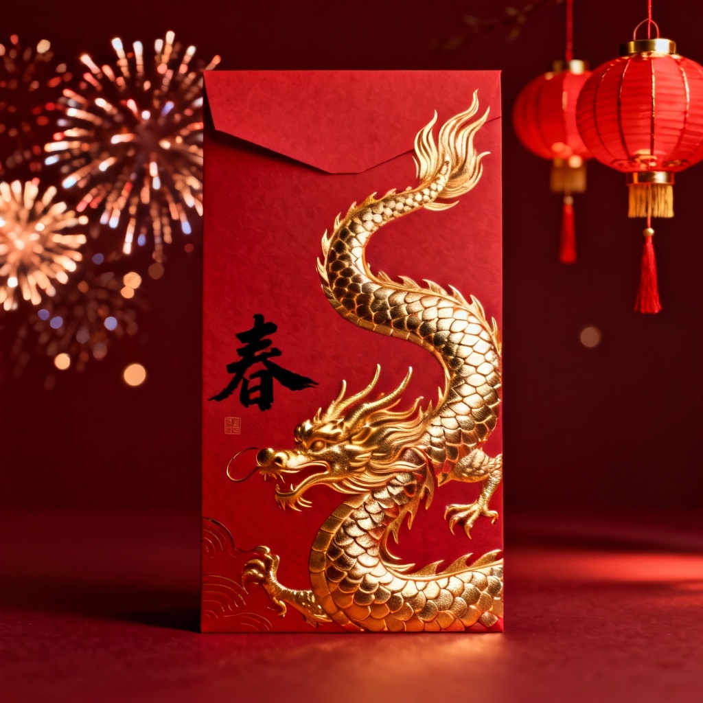 AI dragon dance hongbao with gold foil scales and lanterns