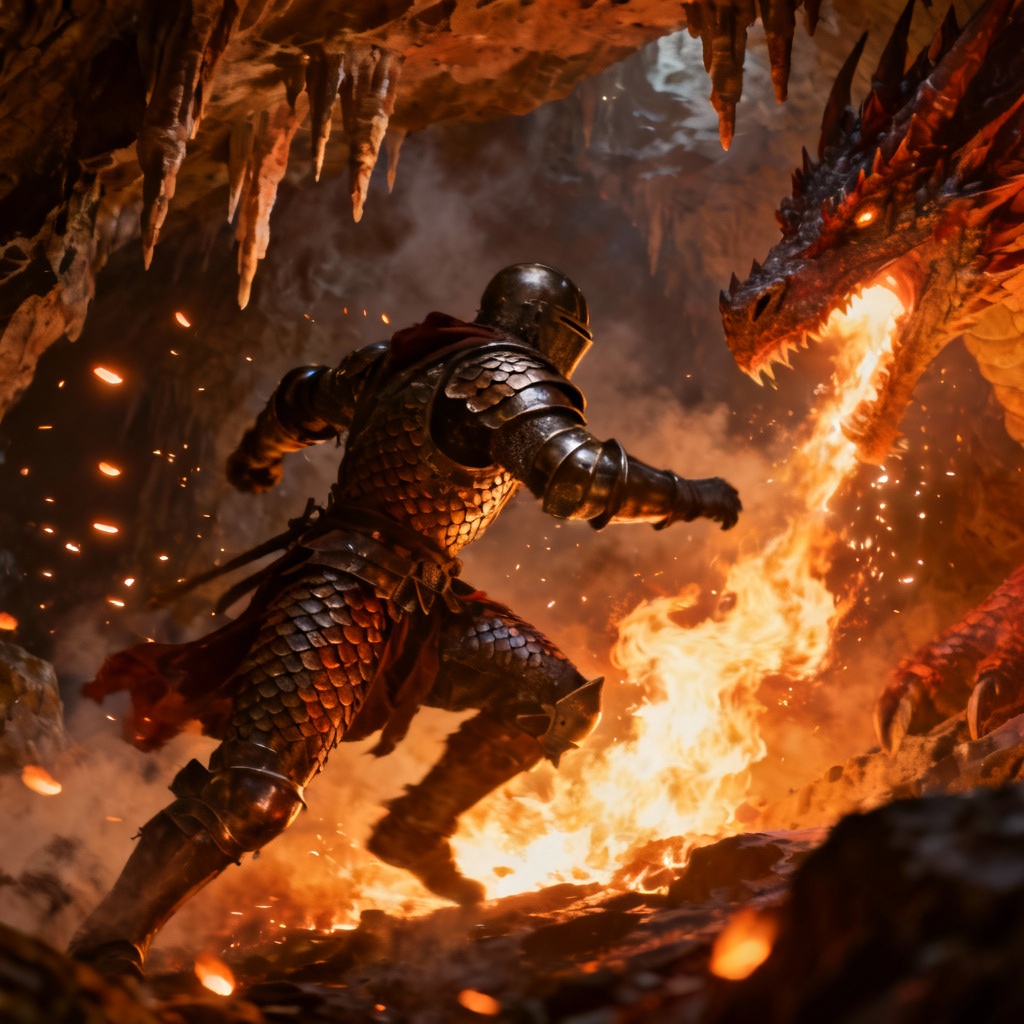 AI fantasy dragon clash inside a cavern with fire and sparks
