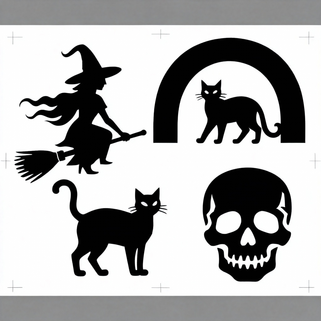 AI pumpkin carving stencil set with witch, cat, and skull