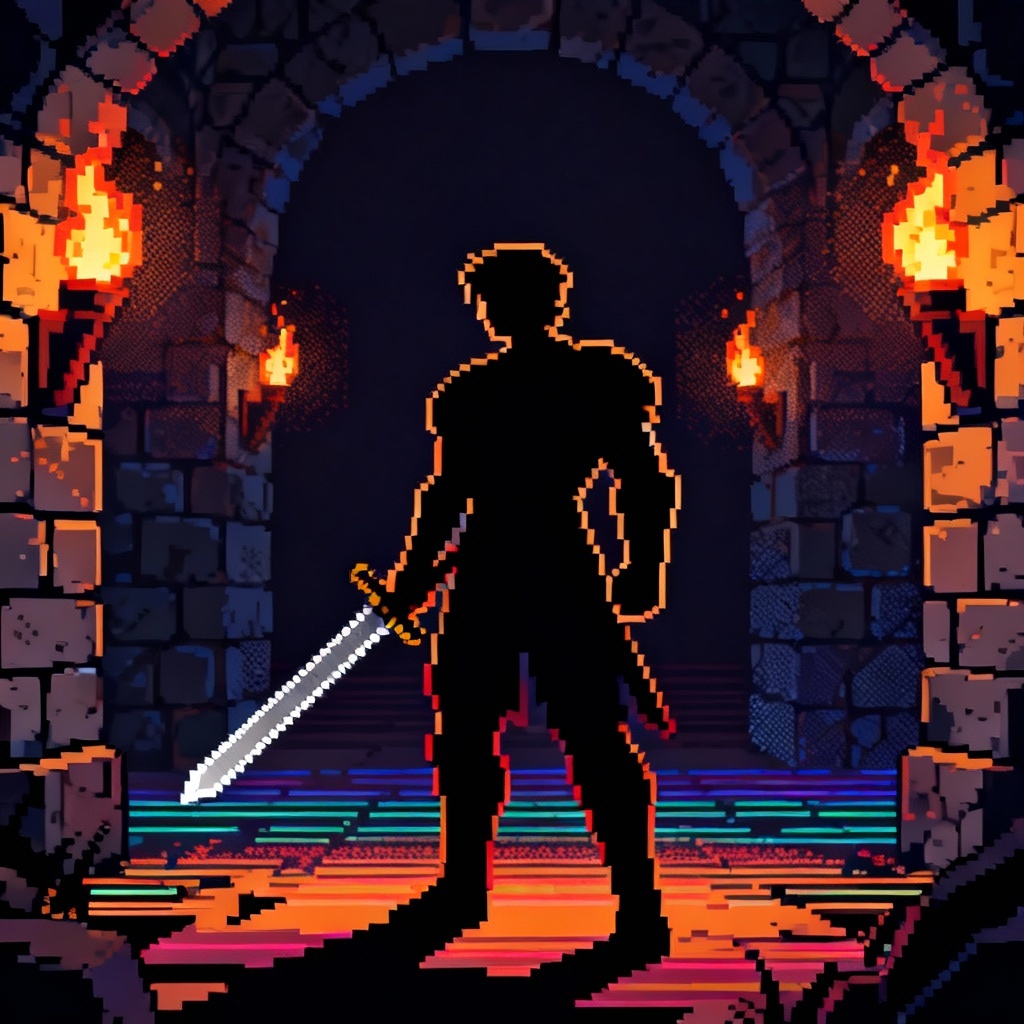 AI retro pixel art virtual hero with sword