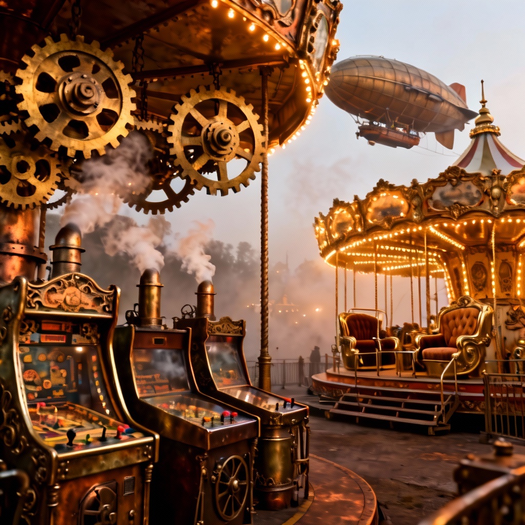 AI steampunk amusement park midway with brass rides