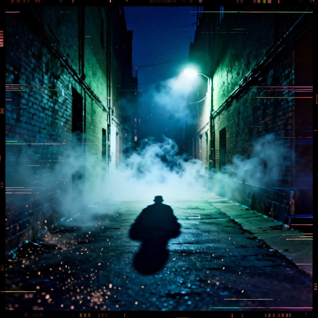 AI horror art of eerie foggy alley with VHS grain