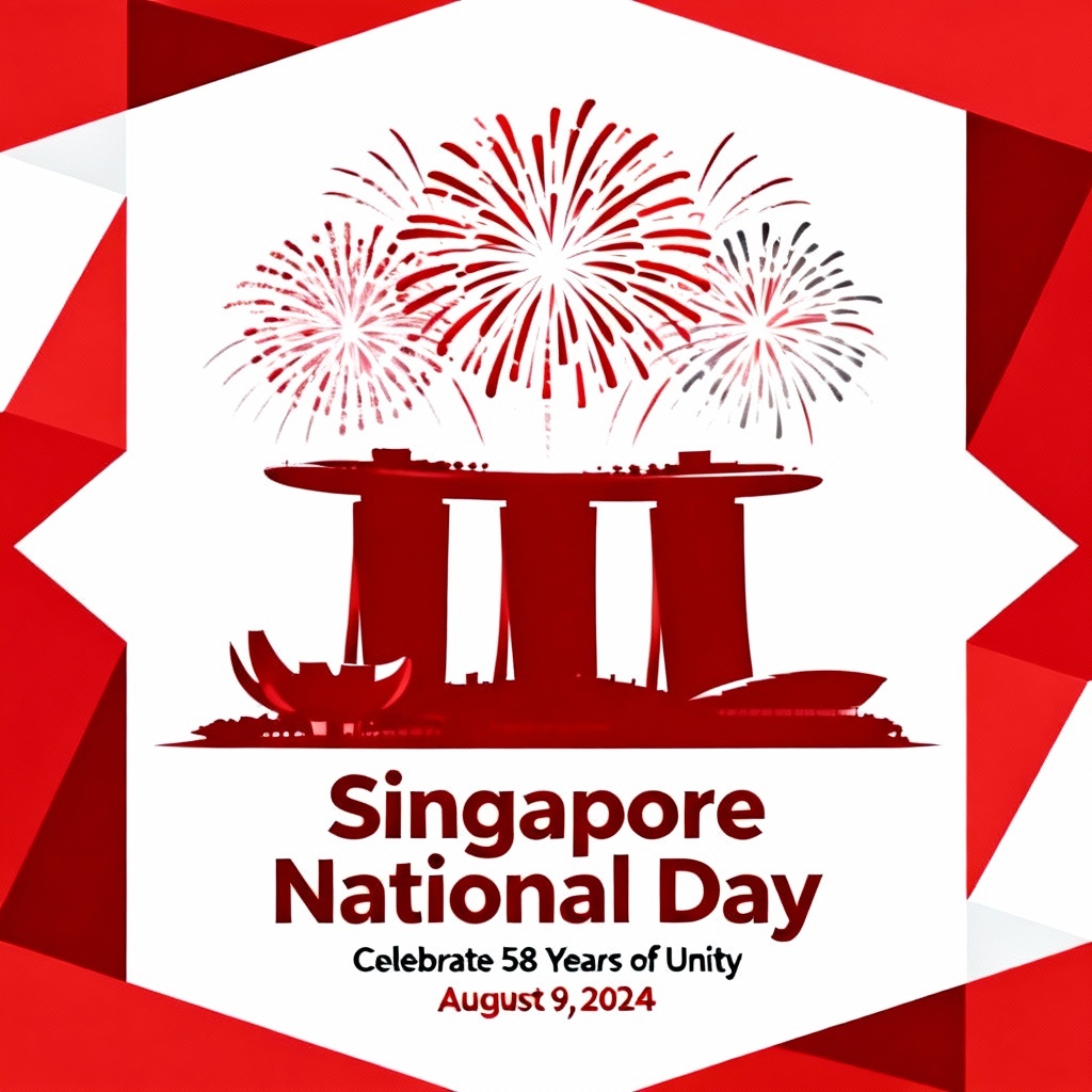 AI Singapore National Day festival poster with fireworks