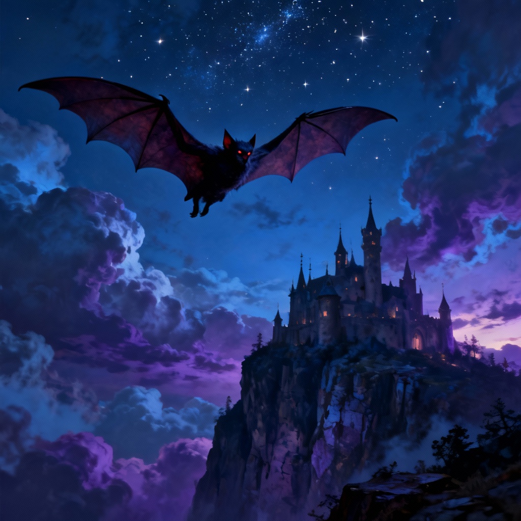 AI vampire bat over gothic castle at night
