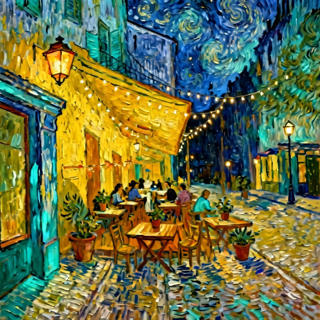 AI Van Gogh cafe terrace scene at evening