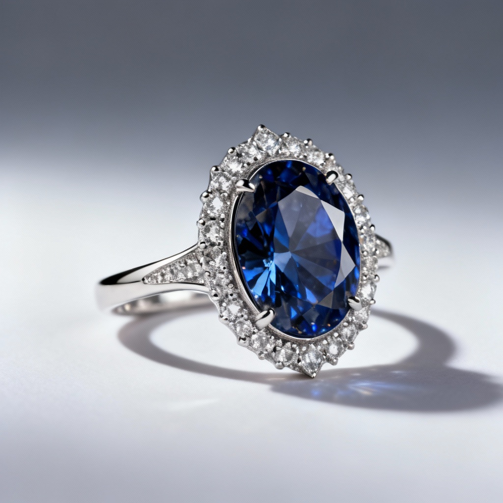 AI-generated oval sapphire halo engagement ring render