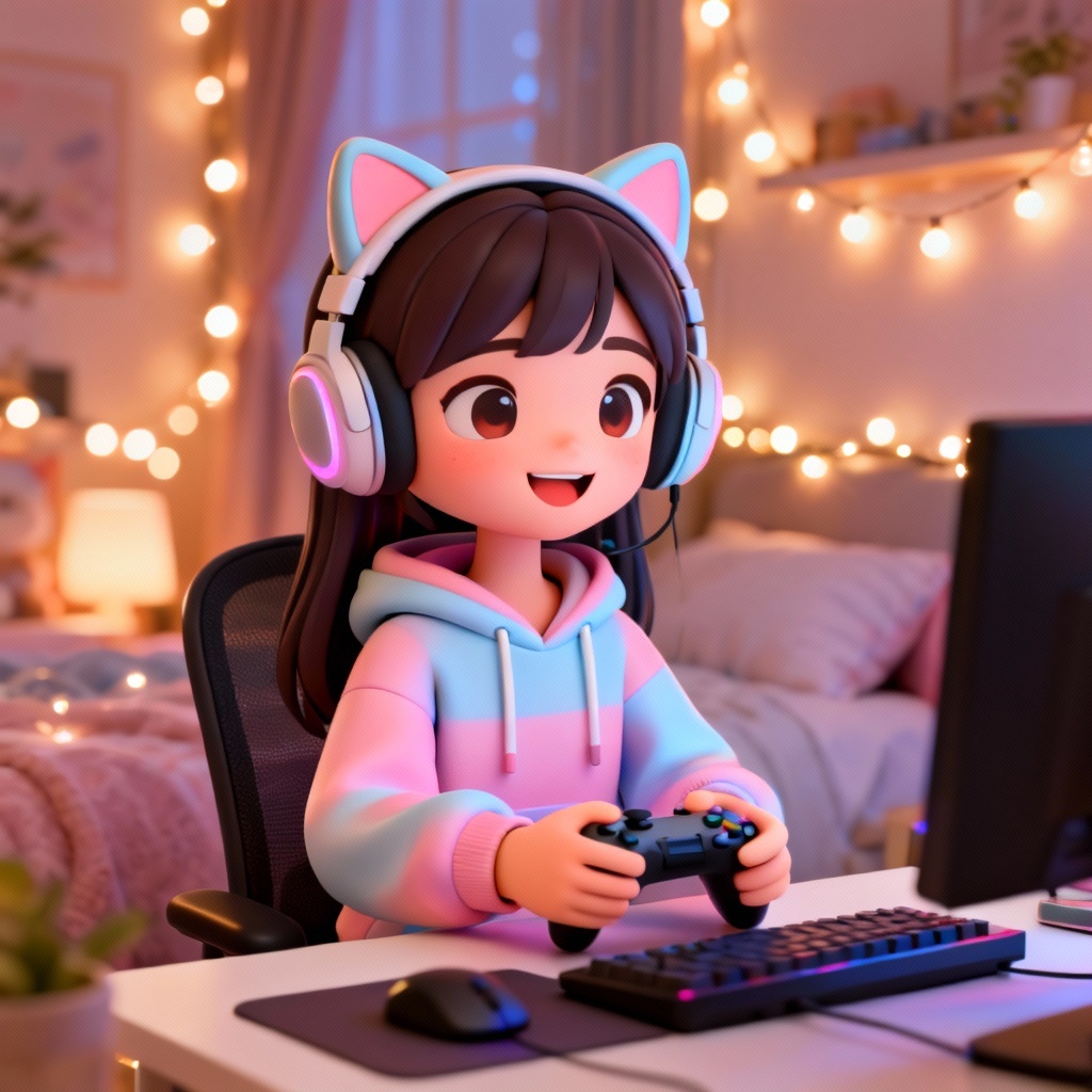 AI Zepeto-style cozy gamer girl with headset