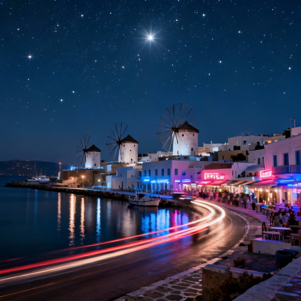 AI Mykonos windmills at night with harbor lights