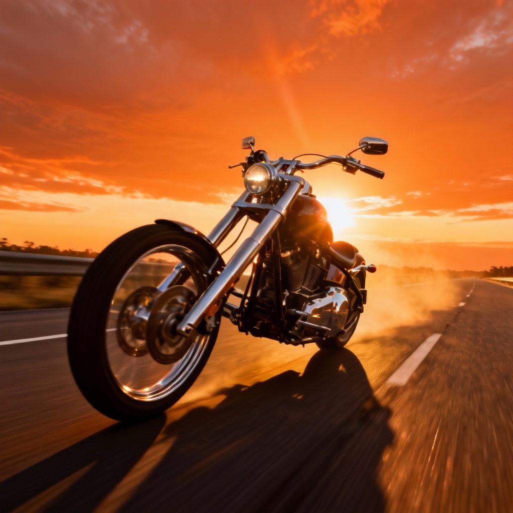 AI chopper motorcycle cruising at sunset
