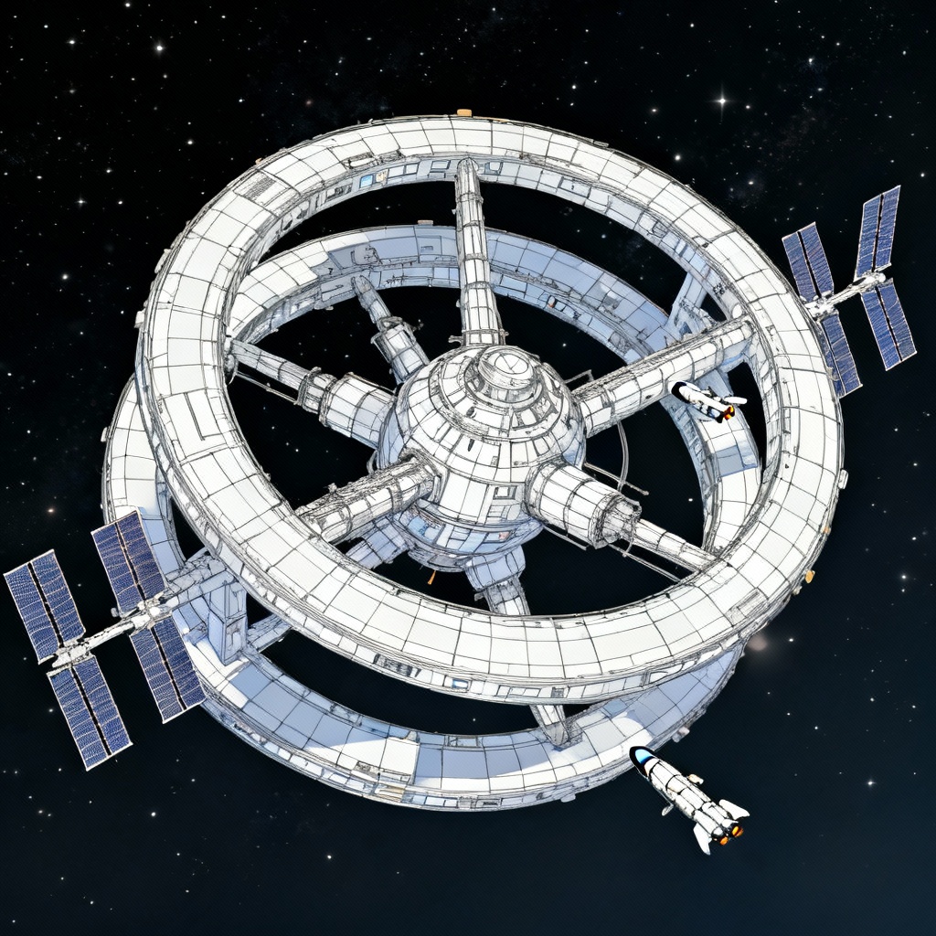 AI isometric orbital station with docking shuttles