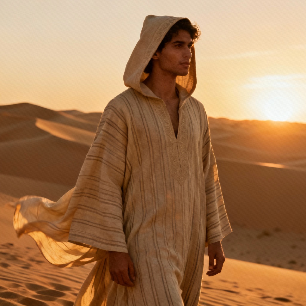 AI Moroccan djellaba with hood at desert sunset