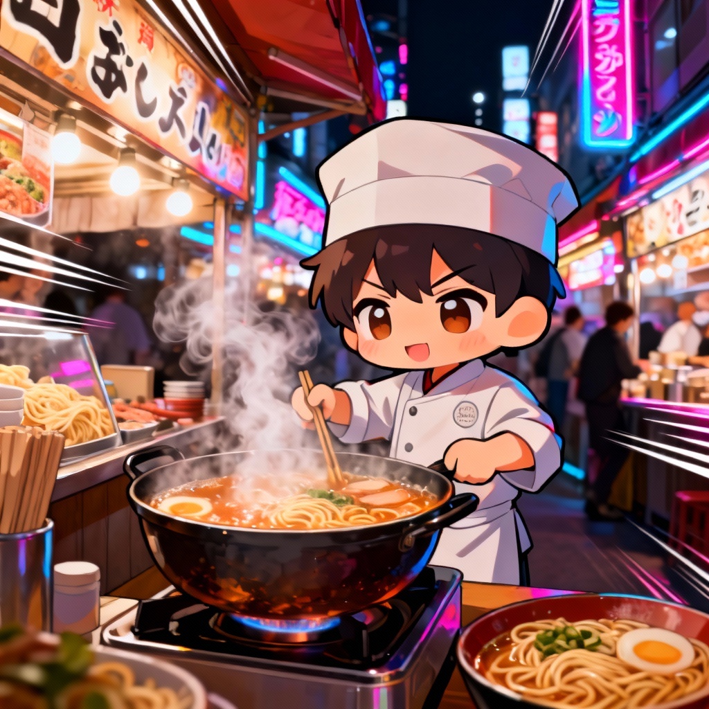 Chibi anime chef cooking ramen in a cozy neon-lit market