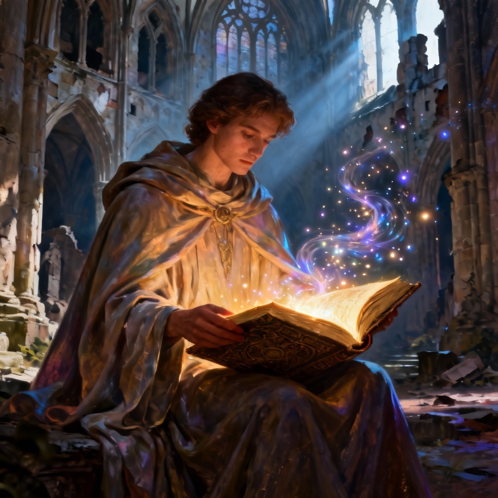 AI fantasy reading beauty with glowing tome