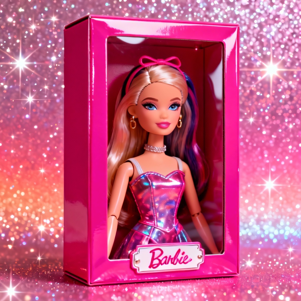 Cosplay portrait framed in glossy Barbie box