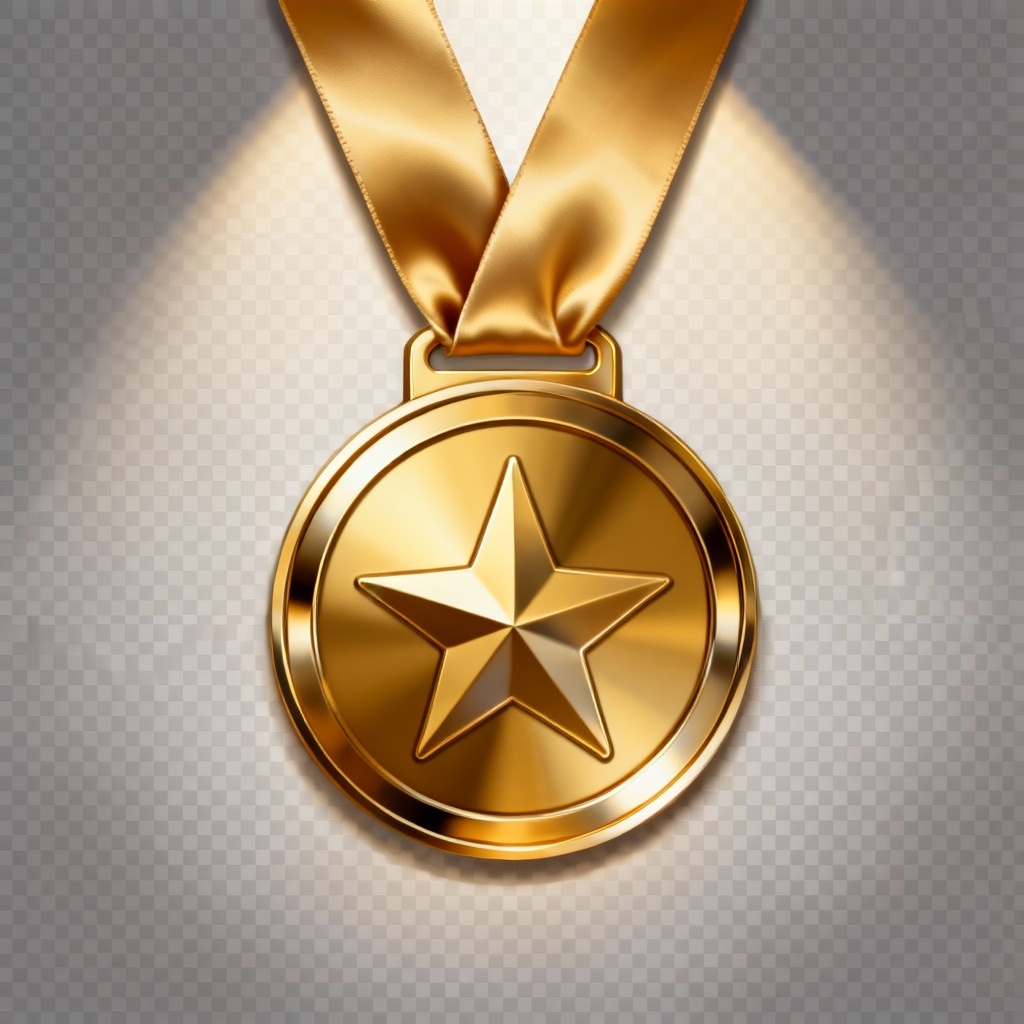 Golden award badge with star and ribbon tails
