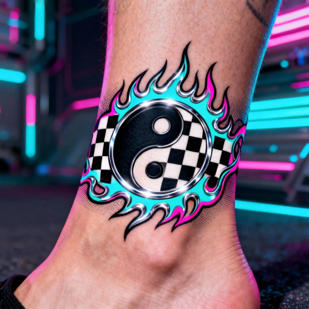 AI yin yang tattoo with checkerboard flames in Y2K style