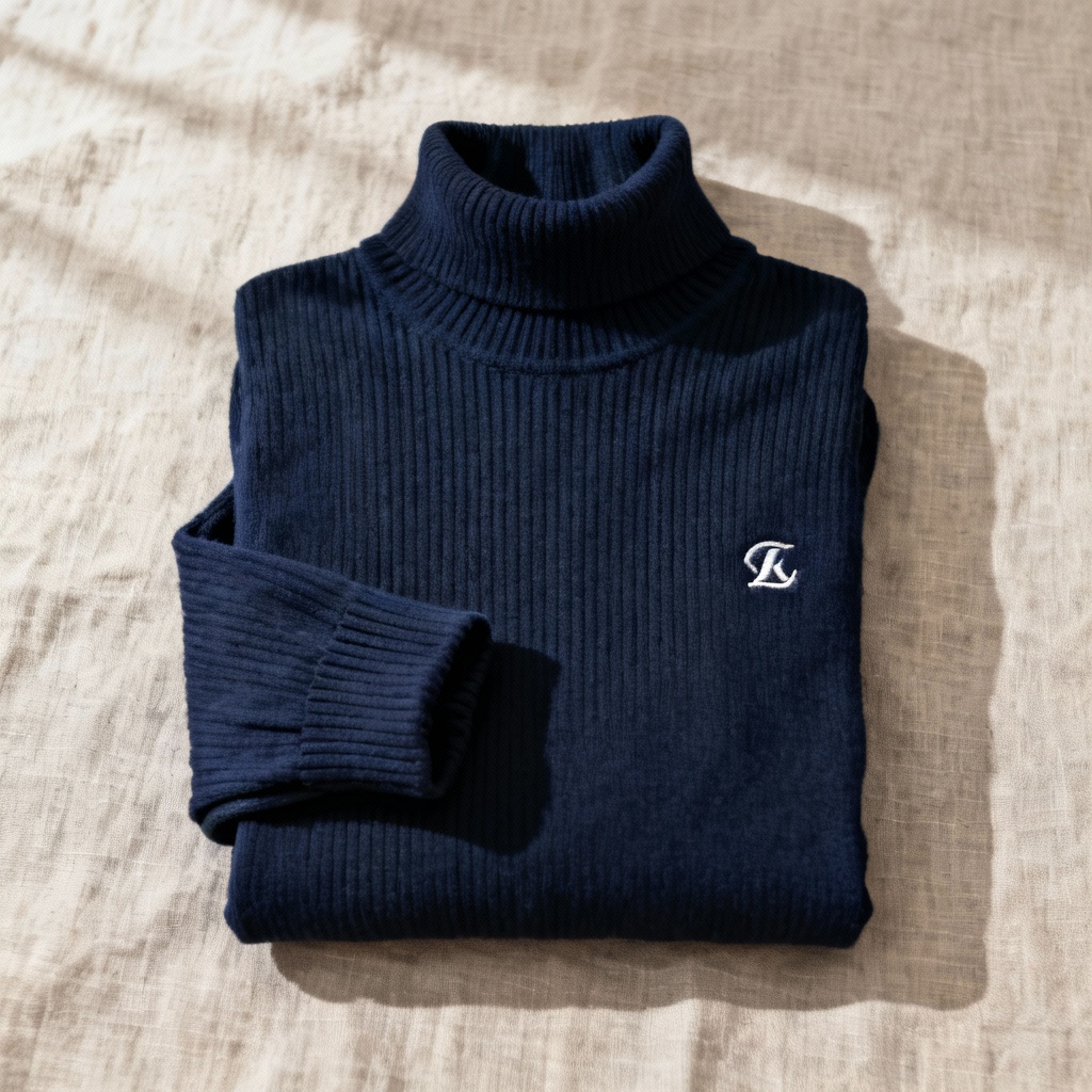AI ribbed turtleneck flat-lay with embroidered logo