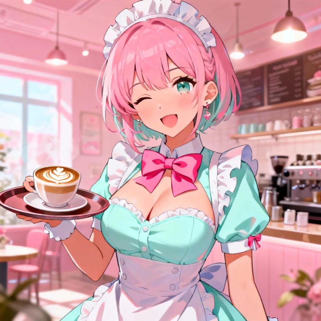 Anime café-style sexy maid with pastel palette