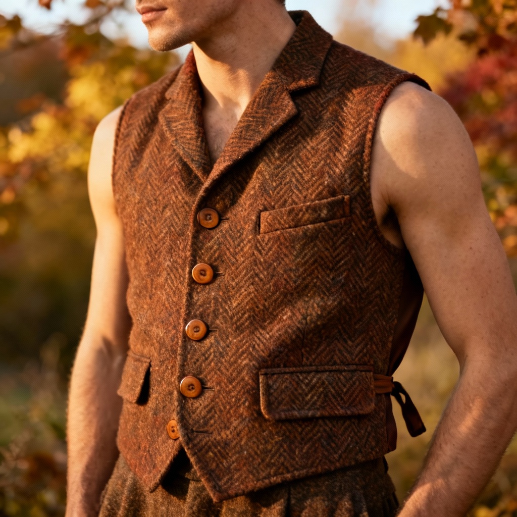 AI brown tweed country waistcoat with wooden buttons