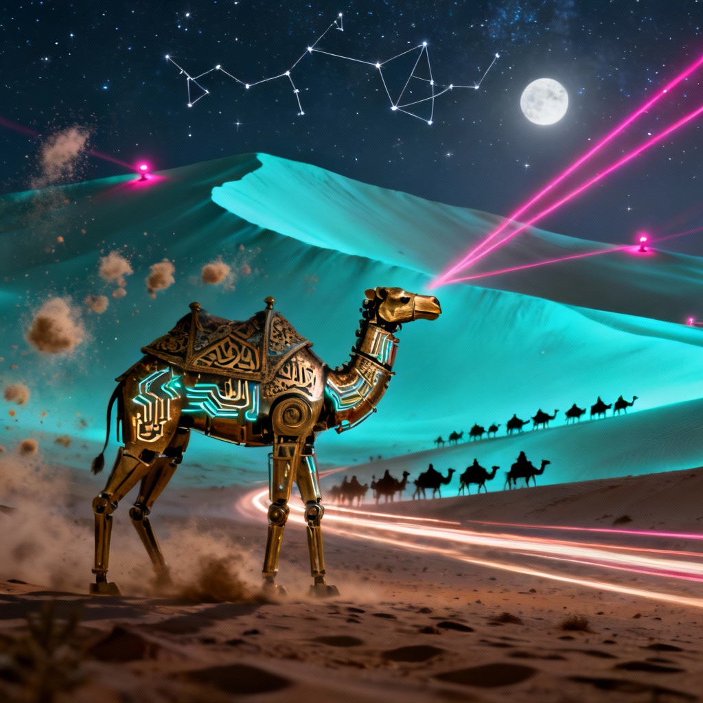 AI mecha camel caravan crossing a glowing desert