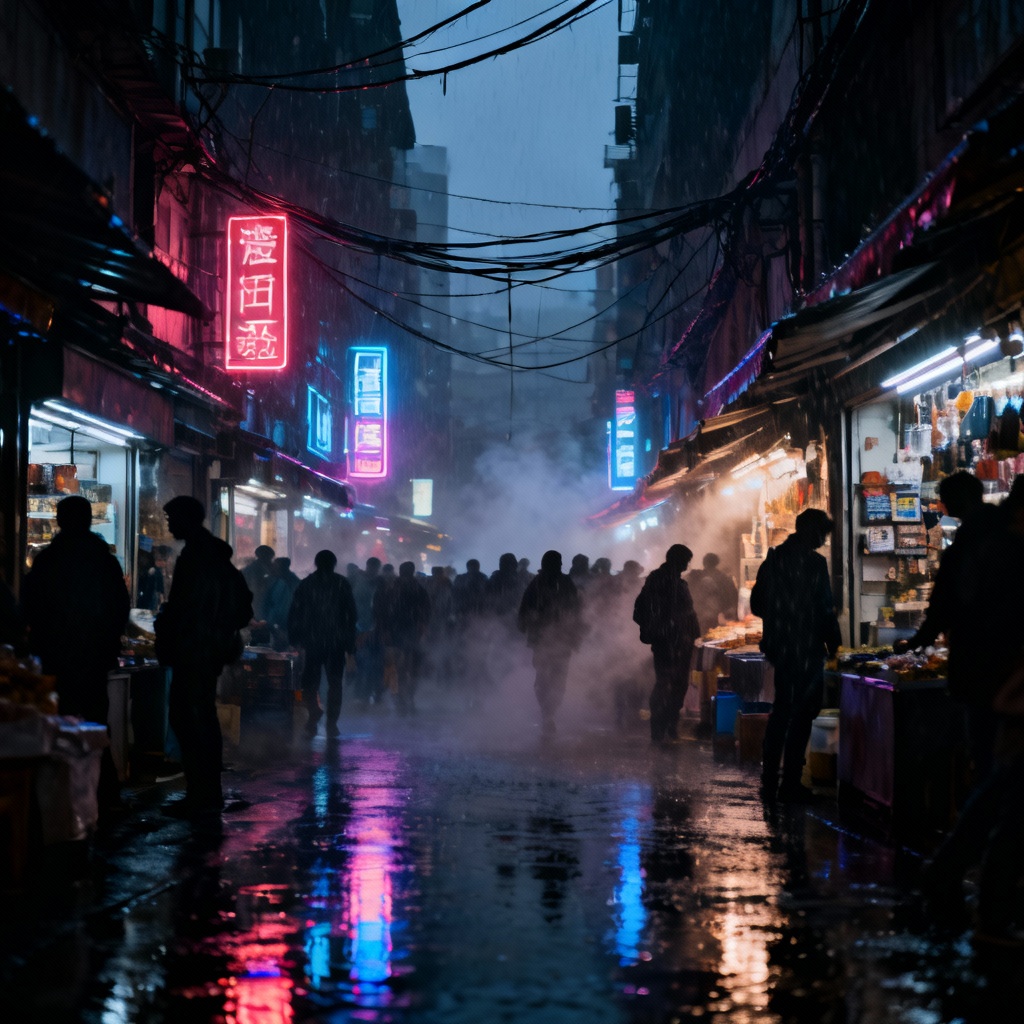 AI generated neon-lit urban street market at night