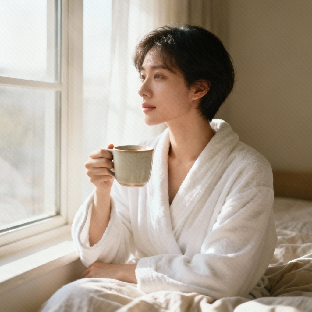 AI cozy morning portrait holding coffee by a window