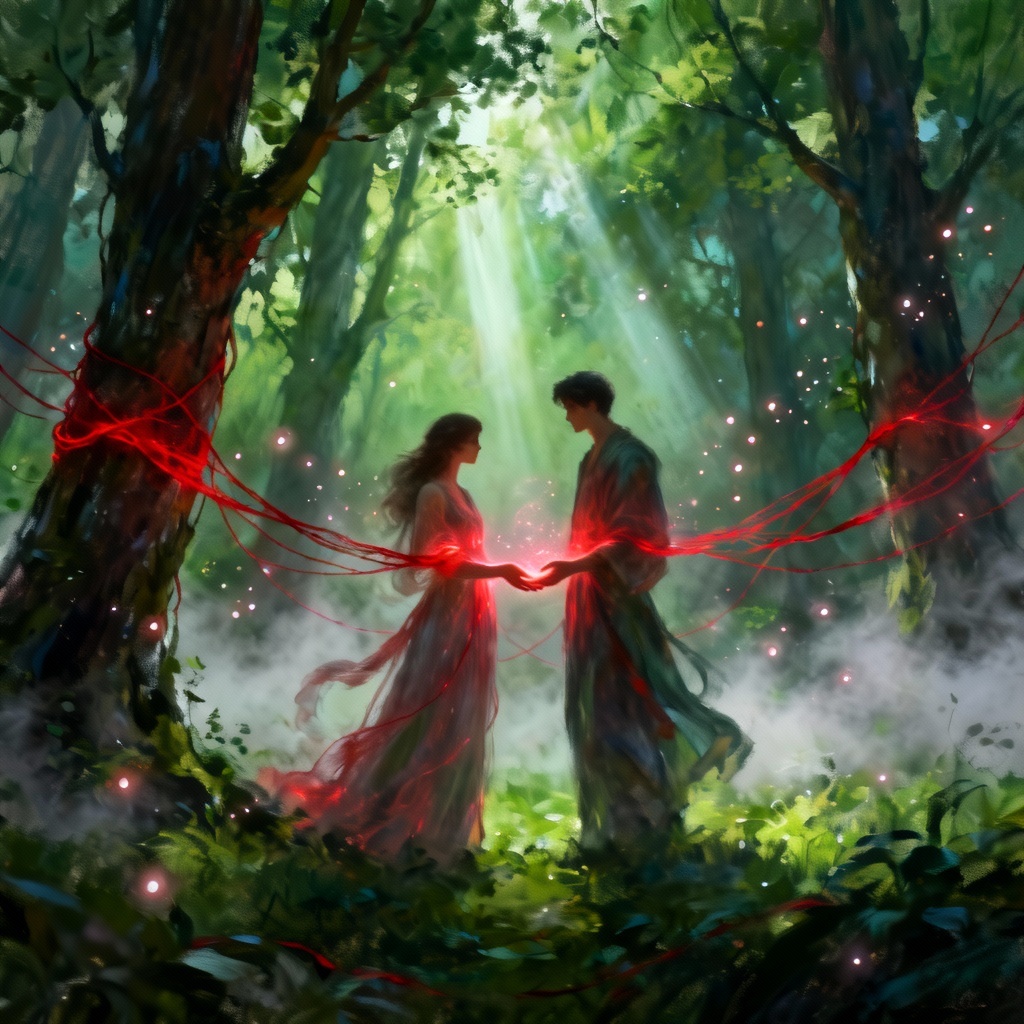 Fantasy forest couple with glowing red thread