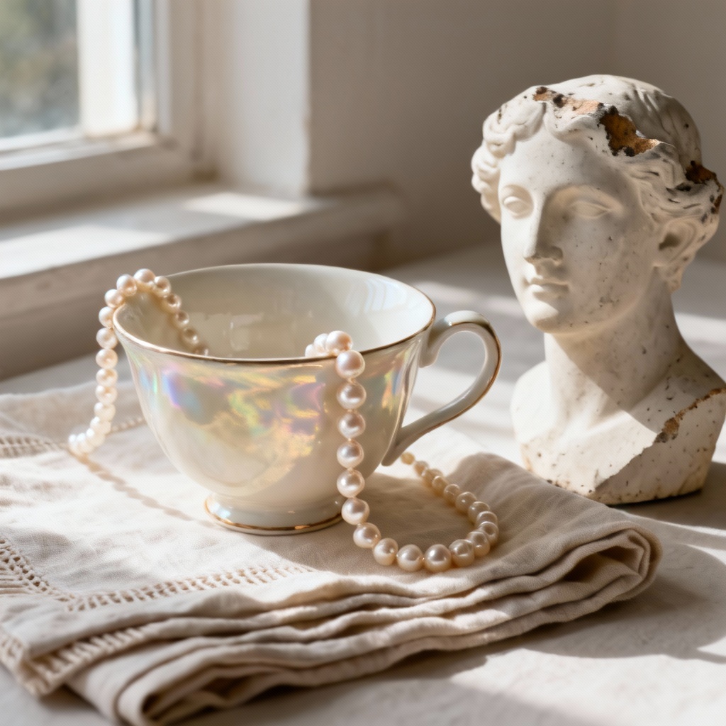 Delicate porcelain still life with pearls and diffused light