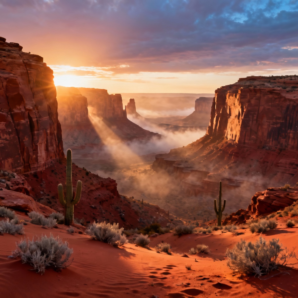 Desert canyon sunrise with red sandstone formations