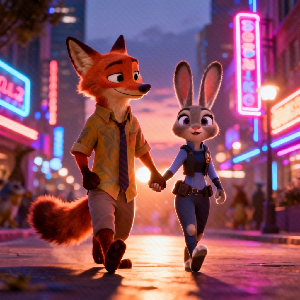 AI Zootopia style fox and rabbit couple poster in neon-lit city