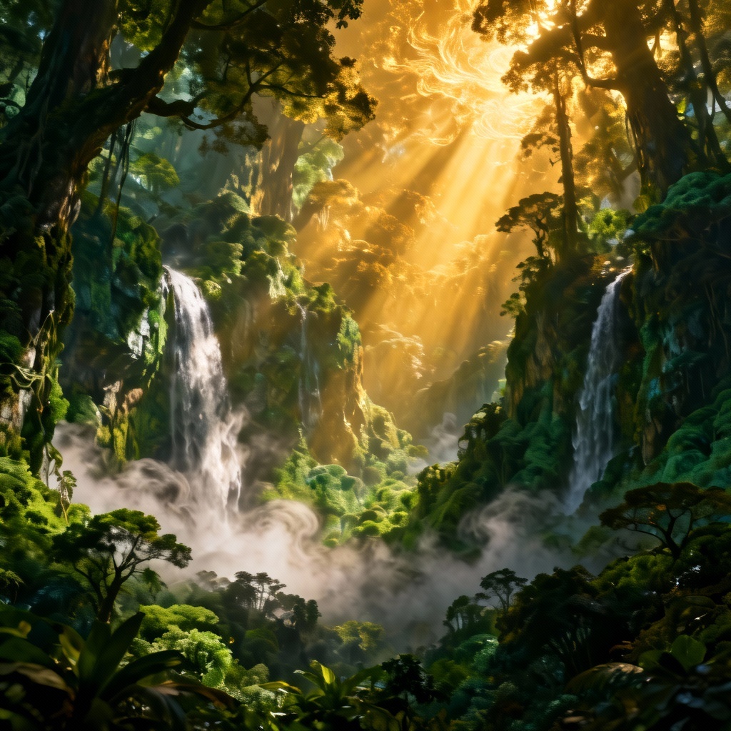 AI jade fantasy landscape with misty waterfalls