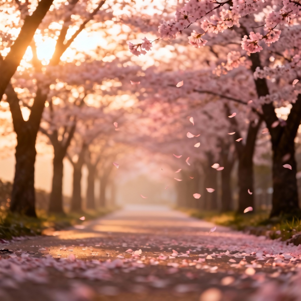 AI cherry blossom scene at sunset